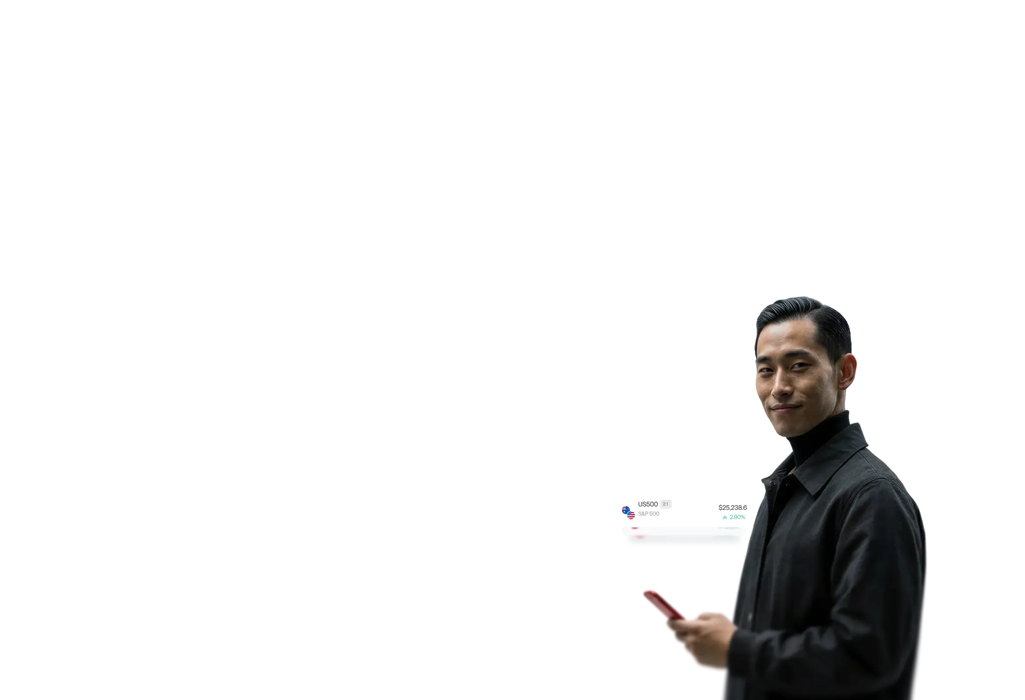 man holding a smartphone with a live S&P 500 market price card displayed