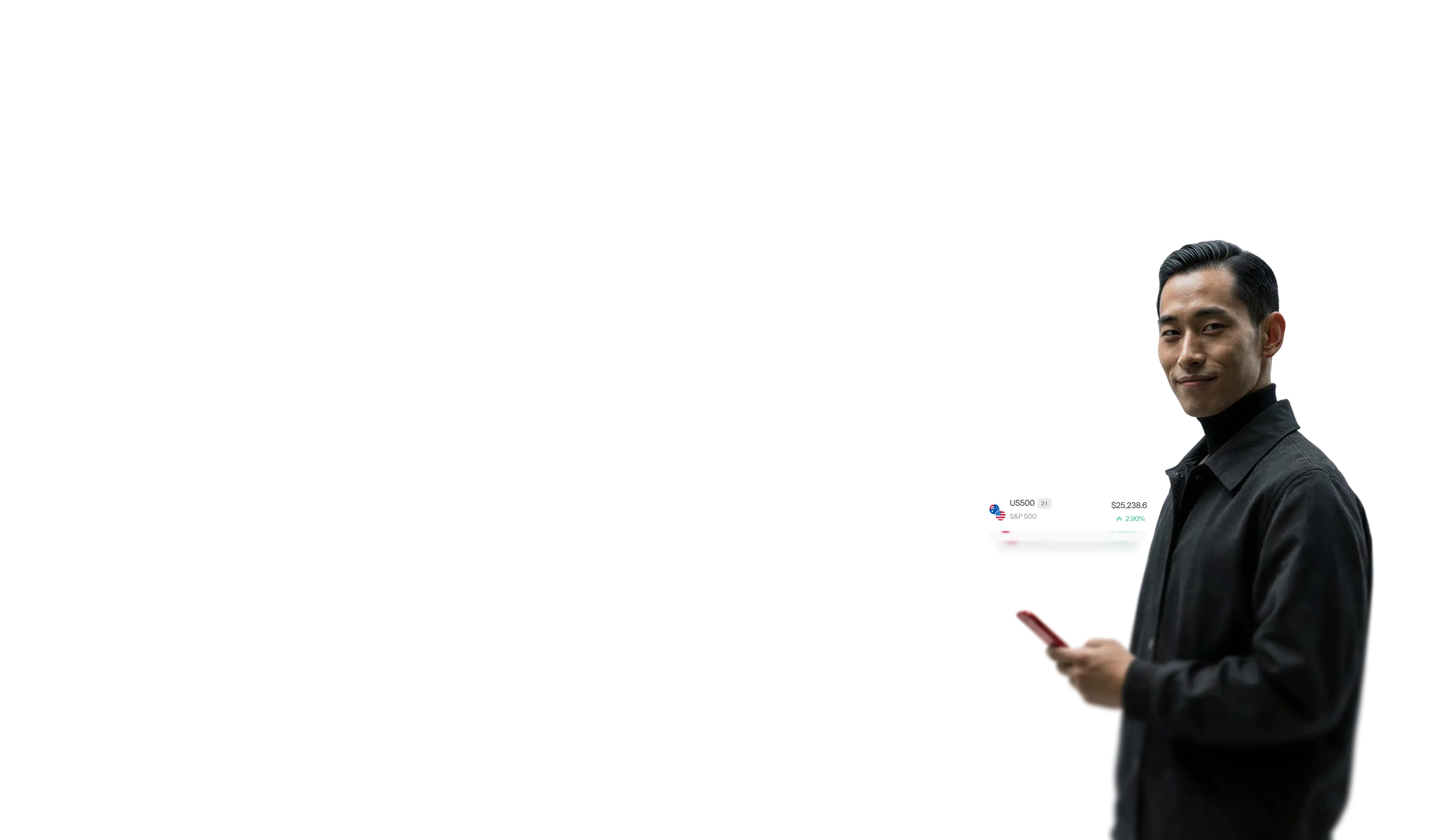 man holding a smartphone with a live S&P 500 market price card displayed