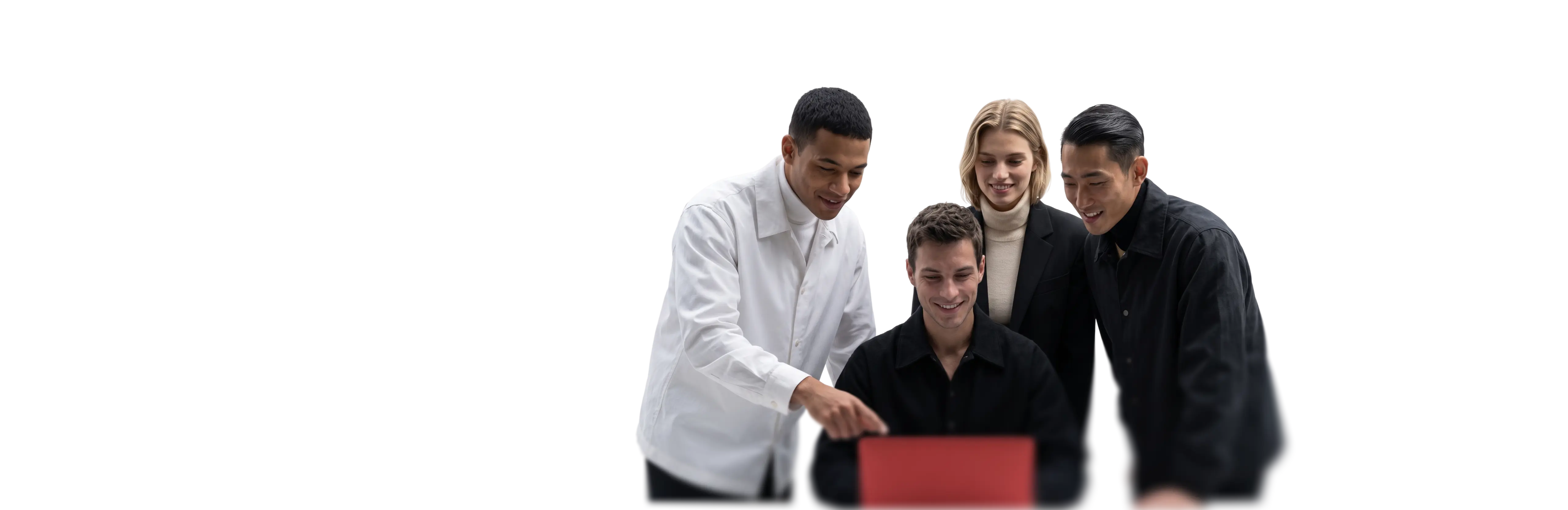 group collaborating around a laptop while reviewing trading information