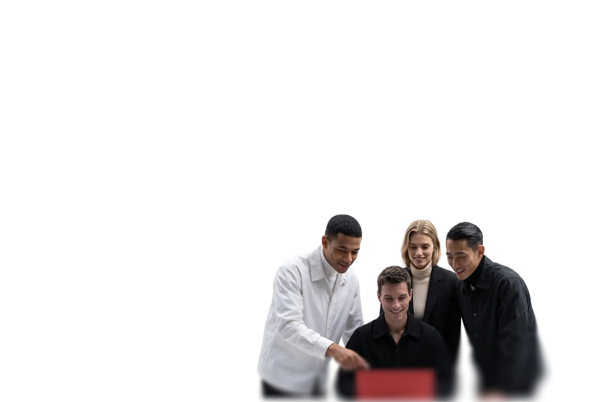 group collaborating around a laptop while reviewing trading information