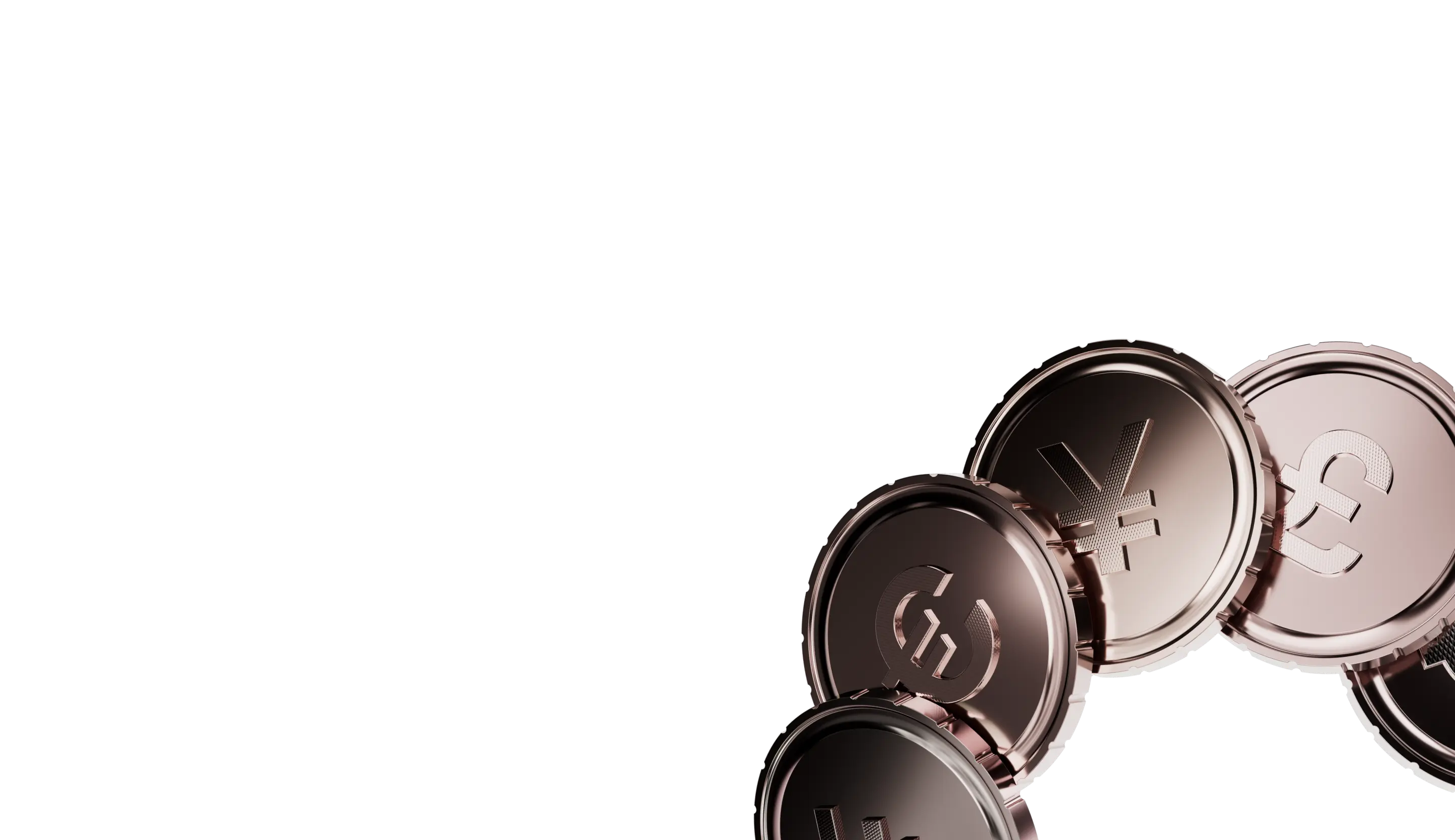 coins engraved with dollar, yen, euro and pound currency symbols