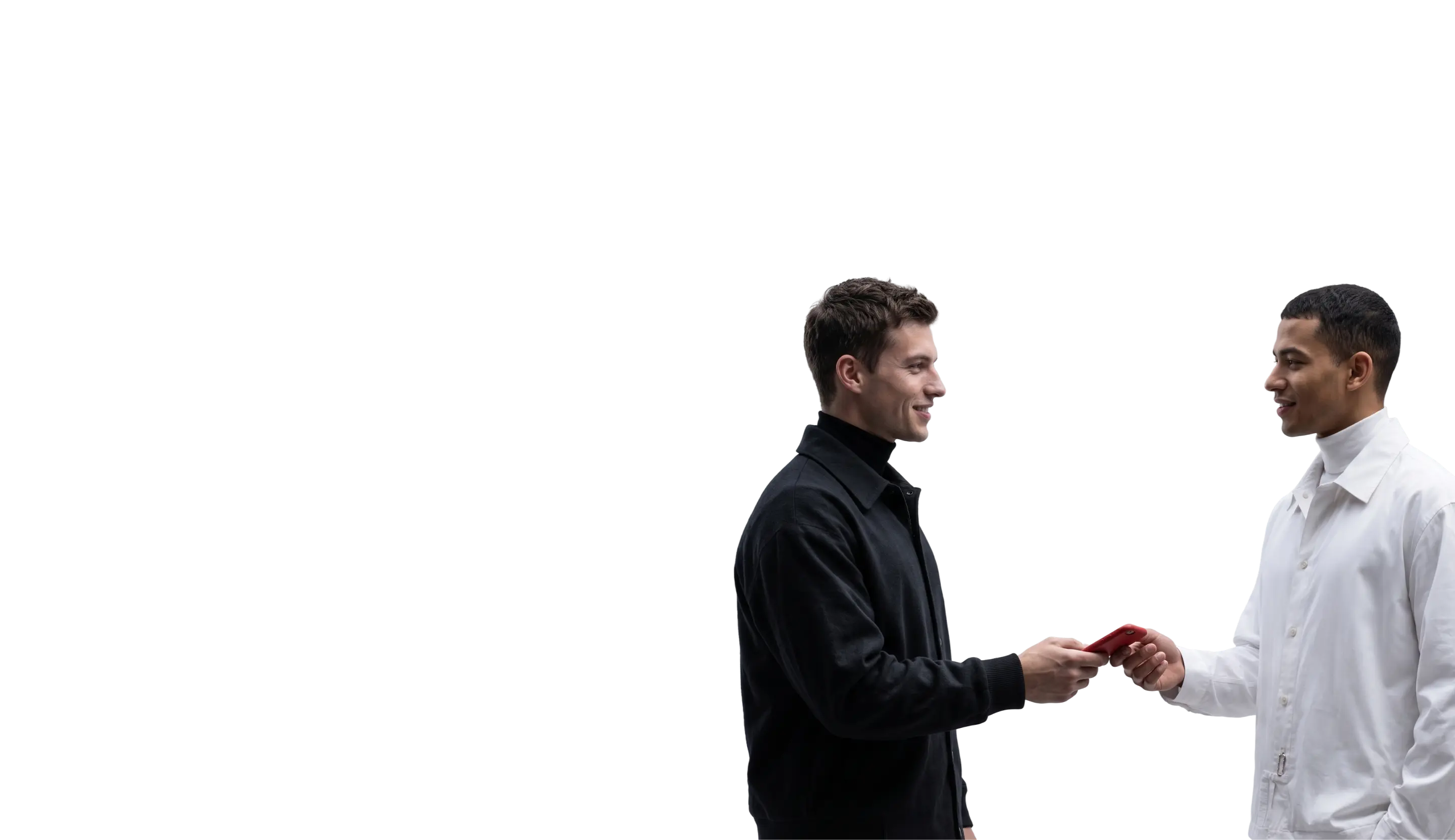 two people exchanging a smartphone
