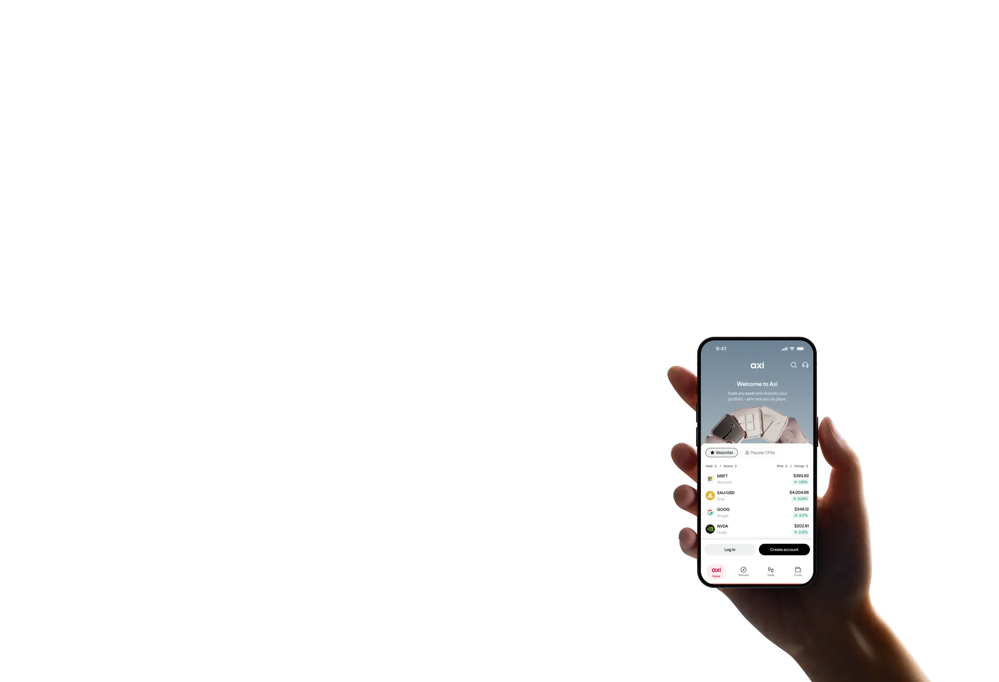 hand holding a smartphone showing the Axi trading app welcome screen and a CFD watchlist